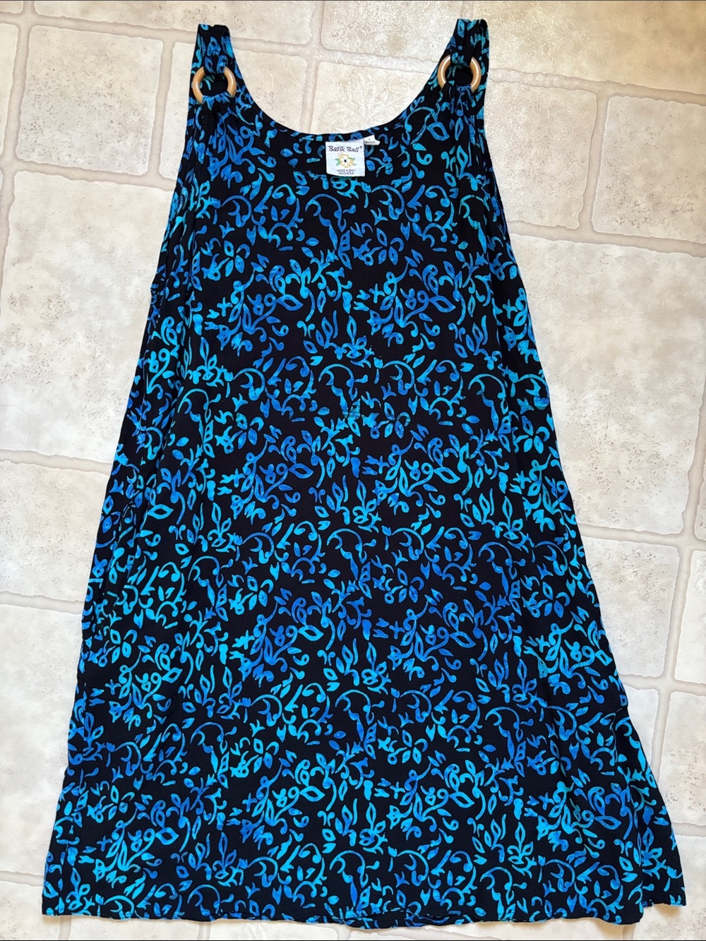 Batik Bali Dress Womens Large Blue Black Floral Pockets Resort Boho Artisan
